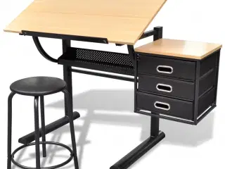 Tegnebord med skammel og tre skuffer vipbar bordplade