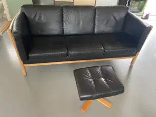 Lædersofa 3 personer med skammel 
