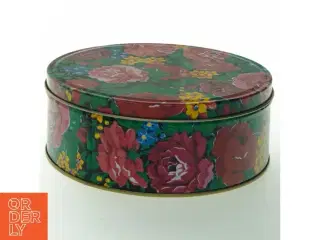 Rund vintage metal dåse med blomstermotiv (str. Ø 18 cm)