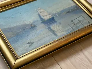 Ældre kunst 1925 Maleri Skibsmotiv Guldramme