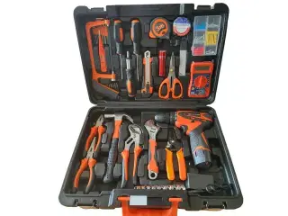 Værktøjskuffert m. bl.a. skruemaskine.