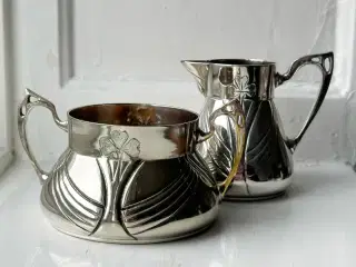 Sukker- og flødesæt, jugendstil, pletsølv