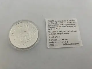 200 Kroner Sølv 1 Oz - Dronning Magrethes 60 års fødselsdag år 2000