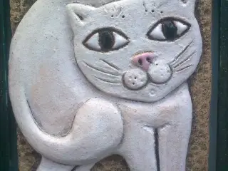 Kat relief keramik signeret + i ramme