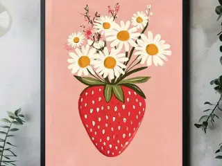 * Lærredsmaleri/tryk; Jordbær og tusindfryd