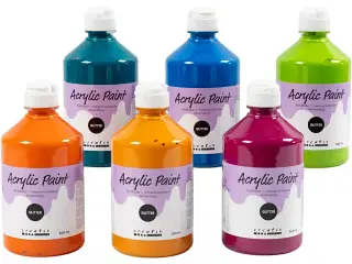 Akrylmaling Glitter, ass. farver, 6x500ml/ 1 pk.