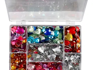 Rhinsten i æske, runde, stjerner, hjerter, diam. 6+7+9+10+11+12+14+16 mm, blå, pink, sølv, 300stk./ 1 pk.