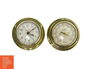 Maritimt ur og barometer sæt i messing (str. Ø. 14 cm. 2 styk)