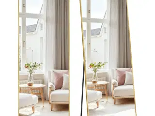 Fuldfigurs gulvspejl 160 × 50 cm – rektangulært spejl med stander, hærdet glas, aluminiumsramme – lys guld