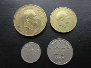 10 og 25 øre + 1 og 2 kr fra 1940-1950'erne