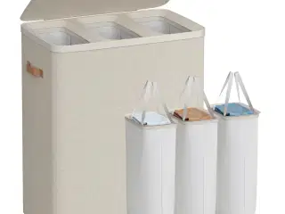 Vasketøjskurv med 3 rum – låg, håndtag og aftagelige poser, 190 l, cappuccino beige, 64 × 40 × 75 cm