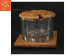 Vintage rund plastbeholder med teak bund og låg (str. 7 cm)