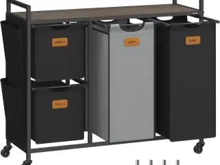 Vasketøjskurv med 4 rum 150 l sorter, rullevogn med hylder, aftagelige poser, 6 mærker, kastanjebrun/sort/duvegrå