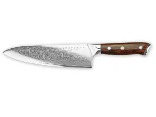Kokkekniv, 21 cm knivblad, udført i 67 lags Damaskus stål.