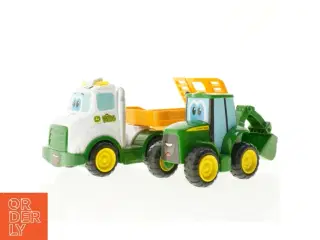 John Deere legetøjs gravemaskine og lastbil fra John Deere (str. 22 x 12 x 13 cm og 36 x 13 x 16 cm)