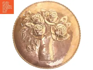 Kobber platte  med blomstermotiv (str. Ø 25,5x1 cm)
