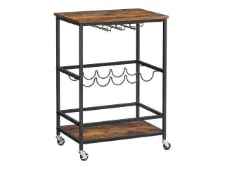 Rullebord med vin- og glasholder industrielt design, 60 × 40 × 75 cm, rustik brun/sort