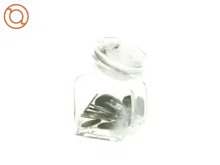 Glasbeholder med mønter (str. 10 x 6 cm)