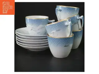 Porcelæn kaffekopper med underkop fra Bing Og Grøndal, mågestellet (str. 6 styk, underkop ø 14 cm)
