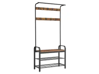 Tøjstativ med skohylde – 4‑i‑1 entrémøbel, rustik brun/sort, 84 × 33,7 × 183 cm