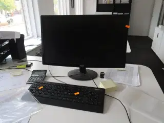 Computerskærm, dockingstation samt tastatur