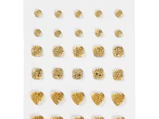 Rhinsten, rund, firkant, hjerte, str. 6+8+10 mm, guld, 35stk./ 1 pk.