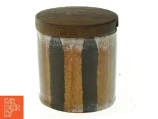 Håndmalet Keramik krukke med teak træ låg(str. 8 x 7 cm)
