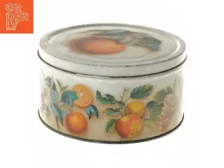 Dekorativ metaldåse med frugtmotiv (str. Ø 19,5 cm højde 10 cm)