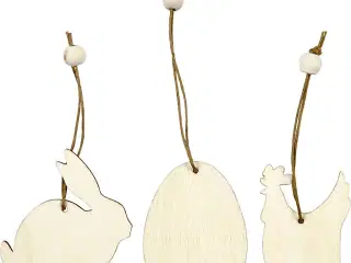 Træophæng, hare, æg, høne, str. 6 cm, tykkelse 3 mm, 9stk./ 1 pk.