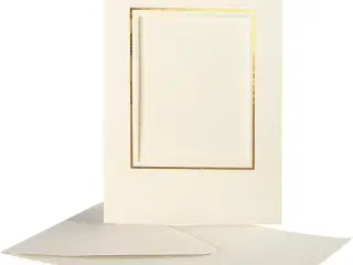 Passepartoutkort med kuvert, rektangulær med guldkant, kort str. 10,5x15 cm, kuvert str. 11,5x16,5 cm, råhvid, 10sæt/ 1 pk.