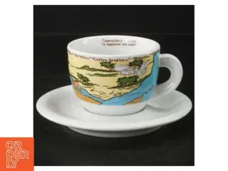 Dekoreret cappuccino kop og underkop fra D’Anc&#224;r (str. Y, 14,5 cm. h 6,5 cm, ø 8,5 cm)