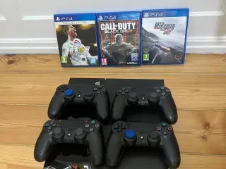 PS4 Konsol + 4 Controllere og 3 Spil