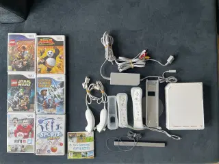 Wii kontrol, tilbehør og 5 spil