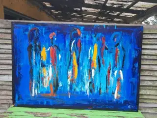 Super flot og stort akrylmaleri med mennesker/ ski
