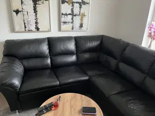 Ægte læderhjørnesofa med puf