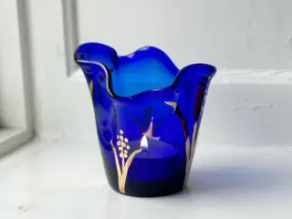 Fyrfadsstage, blåt glas m bemaling '96