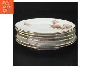 Porcelænstallerkener med guldkant og blomstermotiv (str. Ø 15 cm)