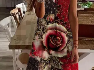 kjole m. stropper(mini) med Print af skøn Rose