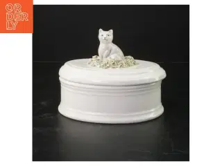 Oval porcelænsæske med kat (str. 15,5 cm)