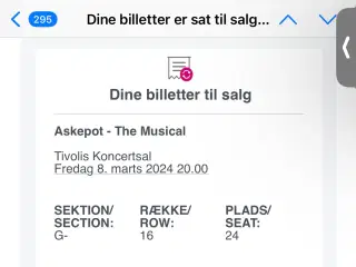 Billet til Askepot Musical i København d.8/3