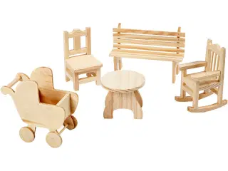 Minimøbler, stol, bænk, gyngestol, bord, barnevogn, H: 5,8-10,5 cm, 50stk./ 1 pk.