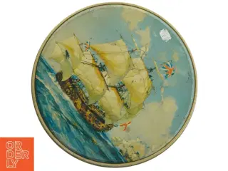 Vintage metal blikdåse med skibsmotiv (str. Ø 23. cm)