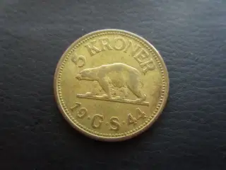 Grønland 5 kr 1944 pæn kv. 1+