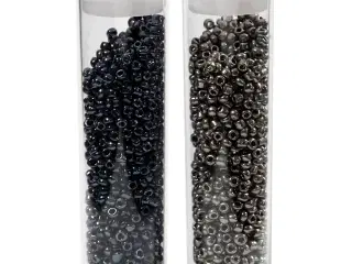 Rocaiperler, diam. 1,7 mm, str. 15/0, hulstr. 0,5-0,8 mm, sort, mørk grå metallic, 2x7g/ 1 pk.