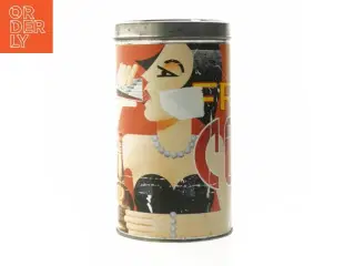 Retro kaffedåse med kvinde motiv (str. Ø 11 cm længde 20 cm)