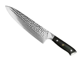 Kokkekniv, 21 cm knivblad, udført i 67 lags Damaskus stål.