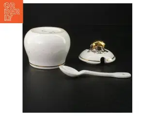 Porcelænssukkerskål med løgformet låg og ske