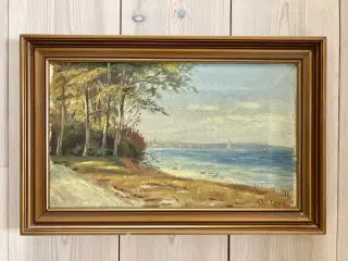 Lille ældre maleri landskab ved kysten olie på lær