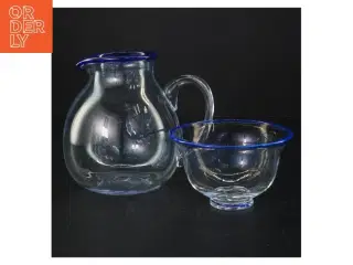 Glaskande og skål med blå kant (str. 14 og 8 cm)
