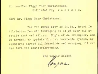 Autograf - Brev fra Finansminister - Viggo Kampmann - 1955